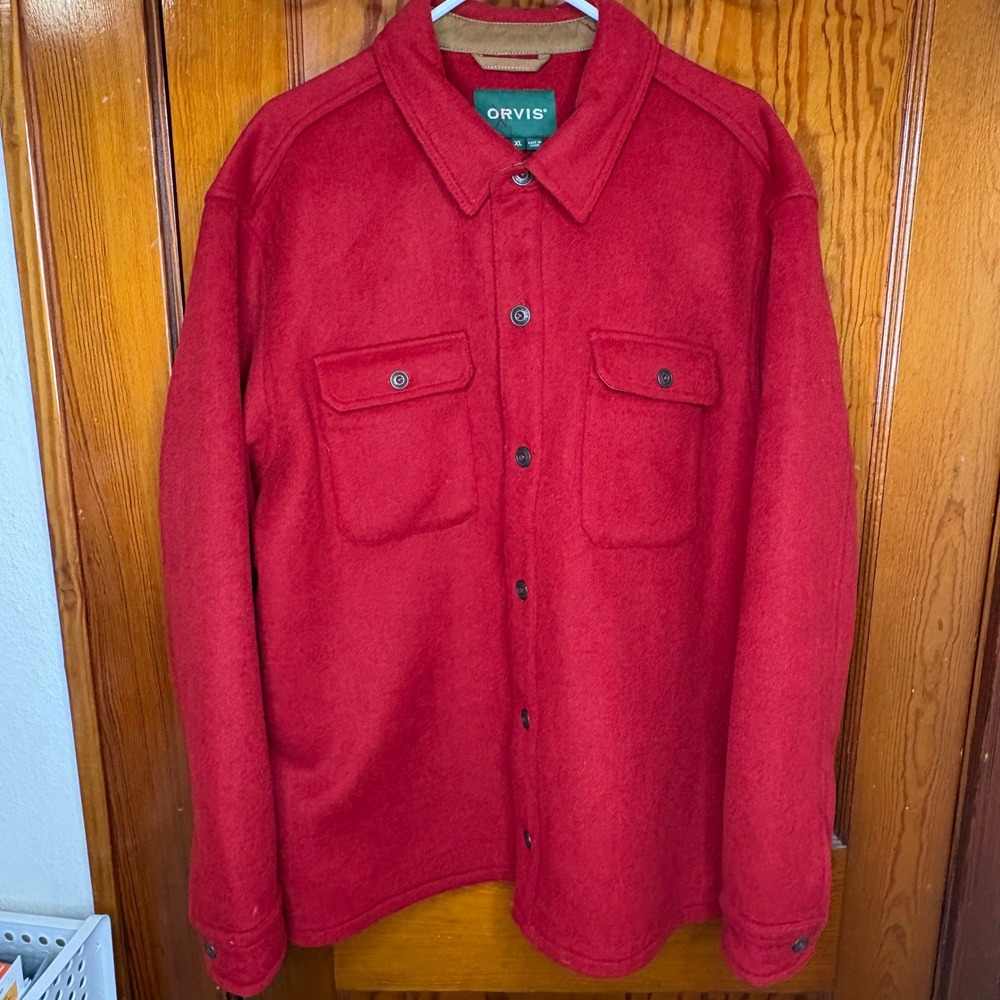 Orvis Shirt Jacket Mens XL Red Excellent Wool Blend Button Up Heavy Flannel